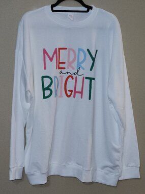Merry Bright Christmas Sweatshirt Womens 4XL White Colorful Graphic Crewneck